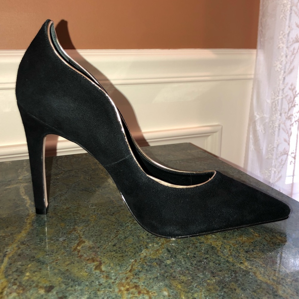 REISS Black-Suede Point-Toe Pump w Gold Detail NEW